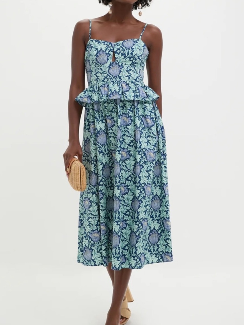 NWT Hyacinth House Blue Floral Leaf Midi Cocktail Peplum Dress